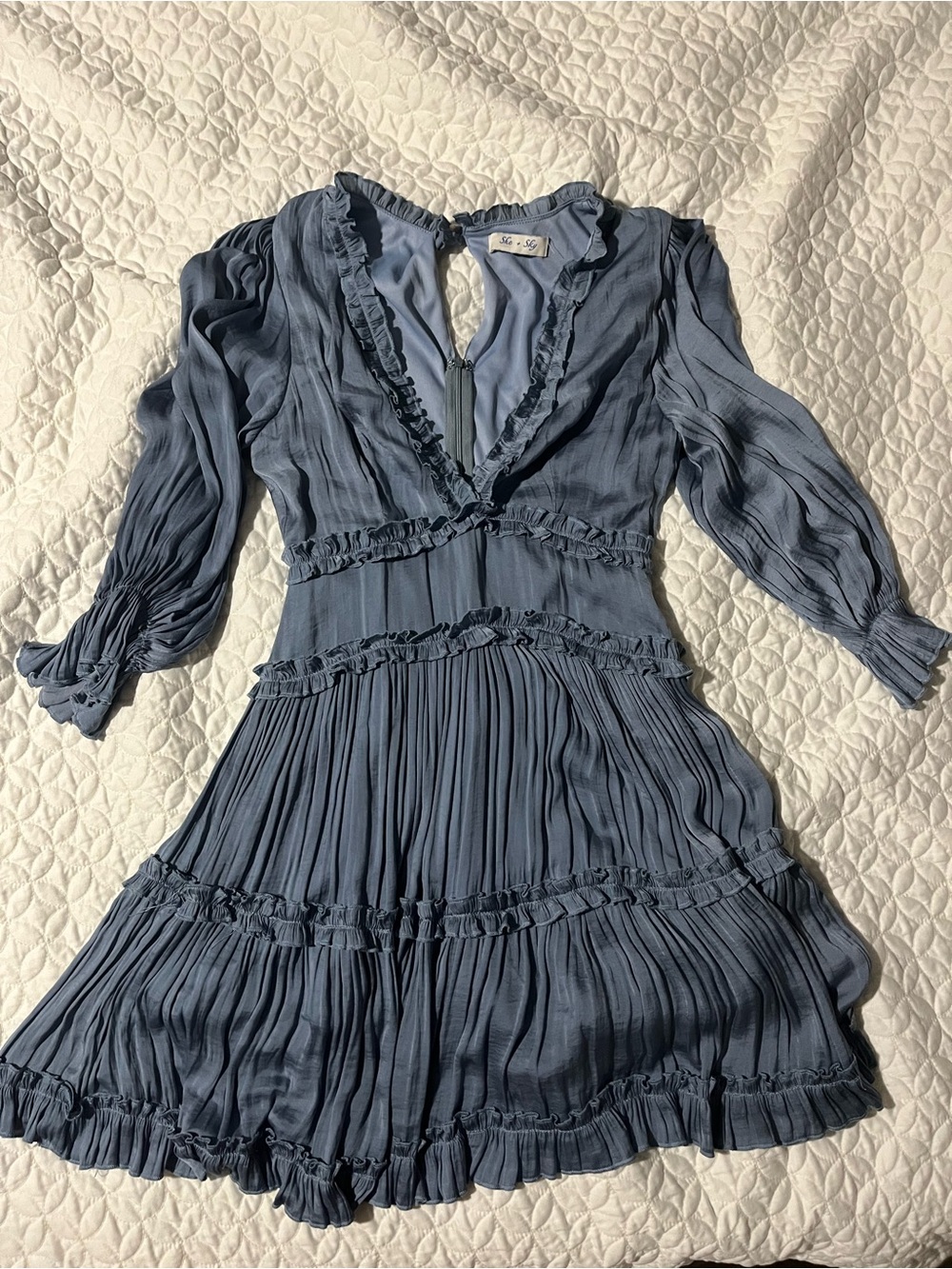 She + Sky Slate Blue Ruffle V-Neck Pleated Mini Dress